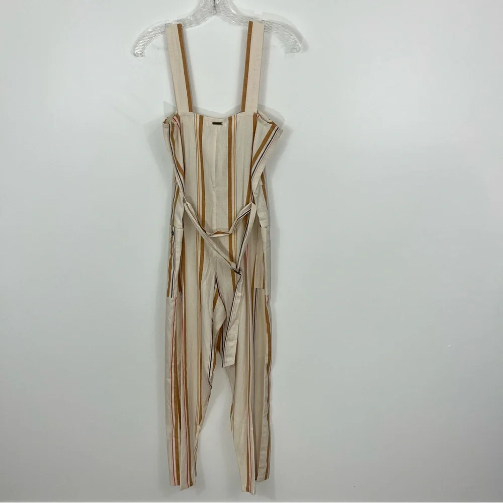 Billabong Striped Linen Jumpsuit in White and Tan - Picture 9 of 11